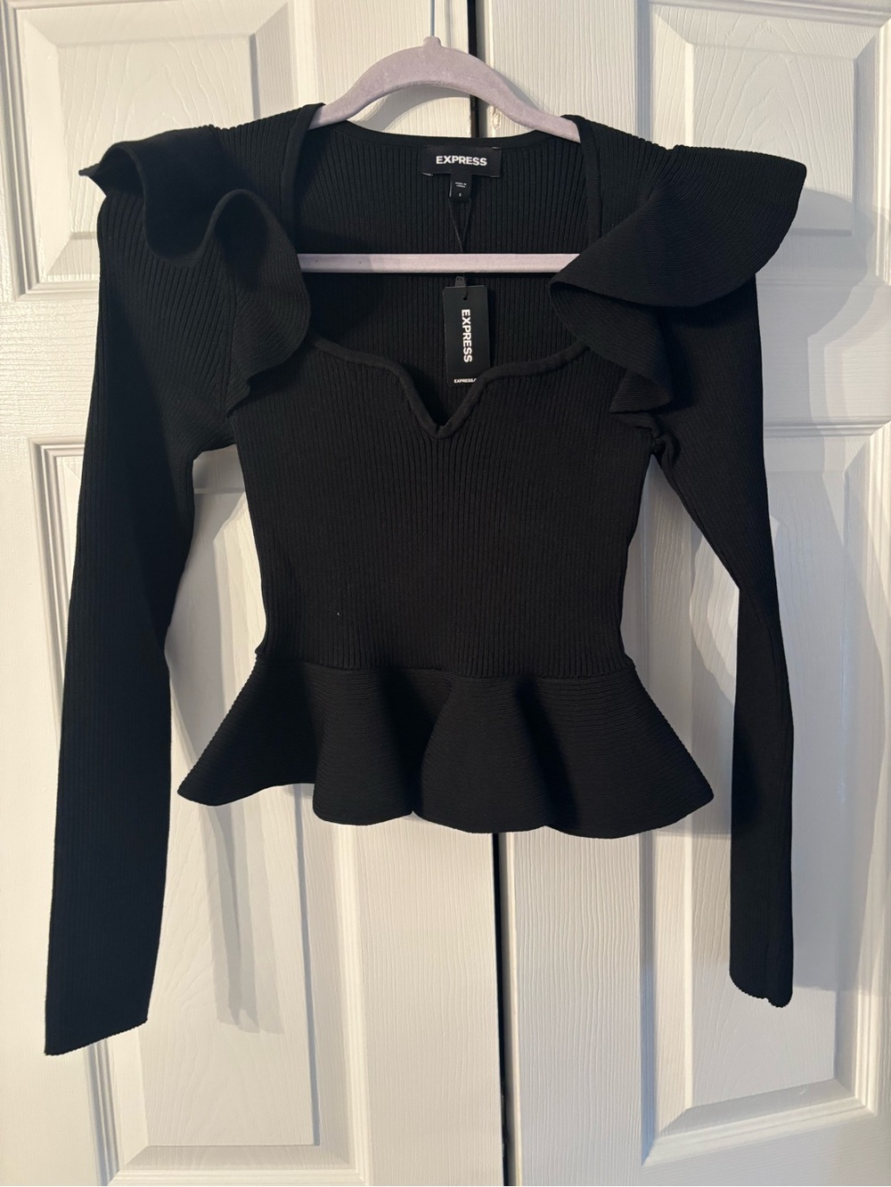 Express Black Ruffle Peplum Long Sleeve Top